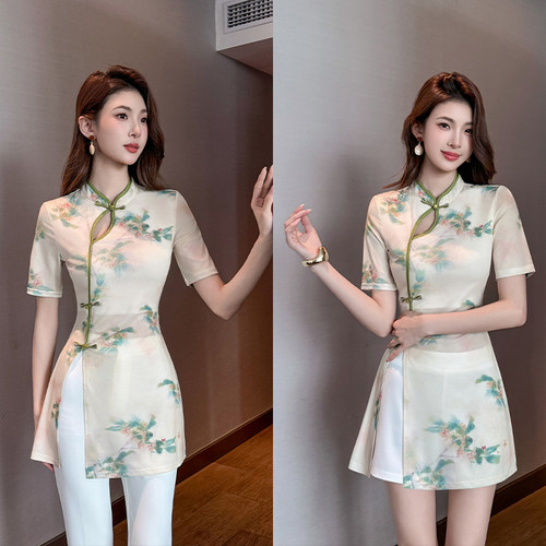夏薄款网纱改良旗袍裙美容院足浴工作服女修身印花立领连衣裙短袖