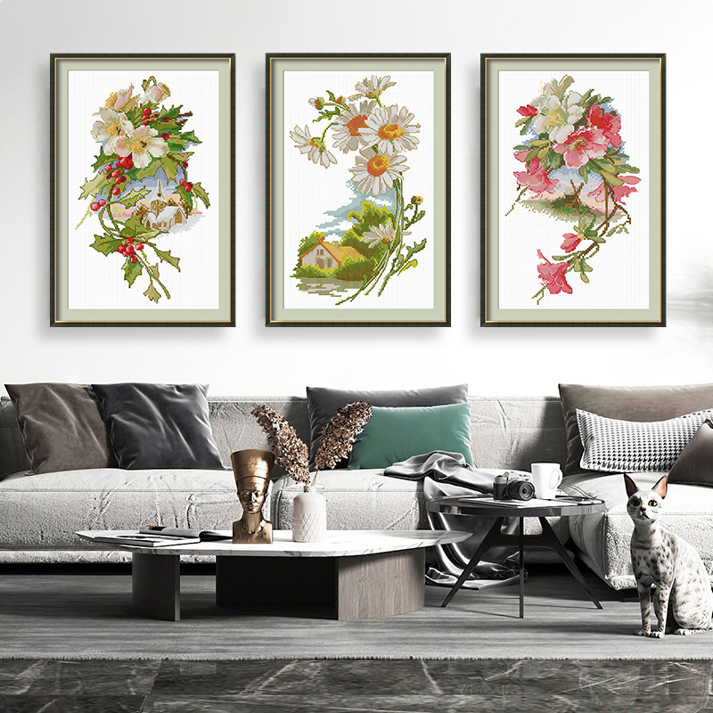十字绣客厅2025新款竖版花卉三联画玄关卧室手工制作DIY线绣送人