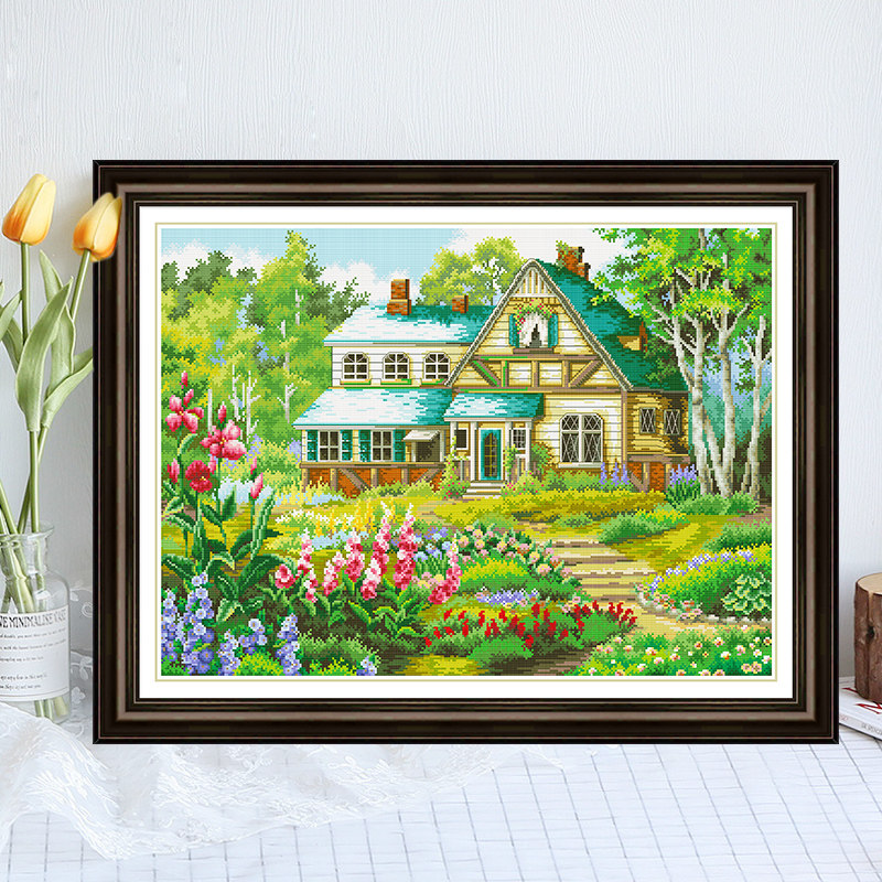 十字绣客厅2026新款线绣欧式风景森林小木屋小幅满绣手工自己绣