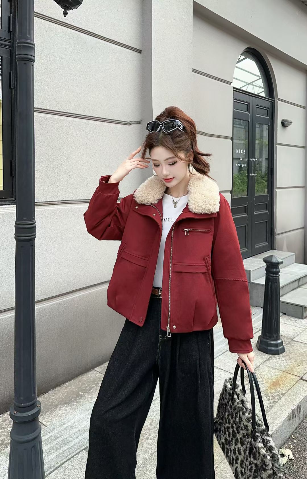 羊羔毛领短款派克服女2025冬季宽松夹棉外套拉链开衫保暖减龄上衣