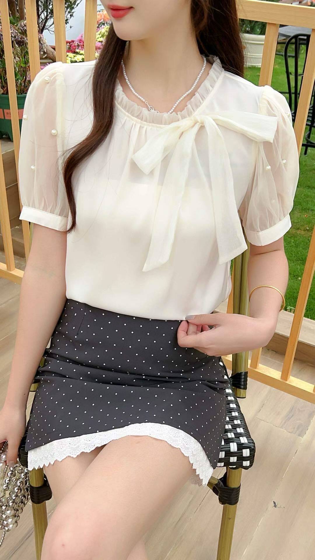韩版别致系带缎面白色短袖衬衫女2026年夏季新款气质百搭女士衬衣