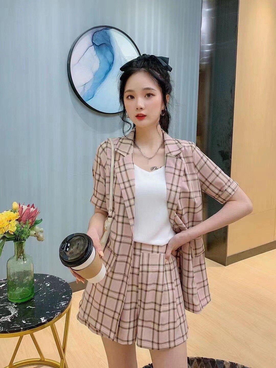 粉色格子西装套装女夏季新品显瘦炸街穿搭短袖时尚吊带套装三件套
