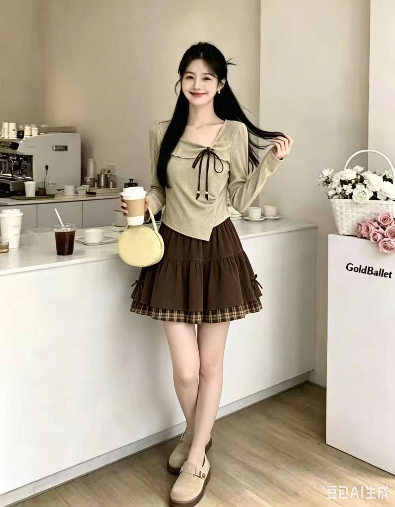 灰色长袖针织JK短裙休闲套装女2026早秋新不规则蝴蝶结上衣百褶裙