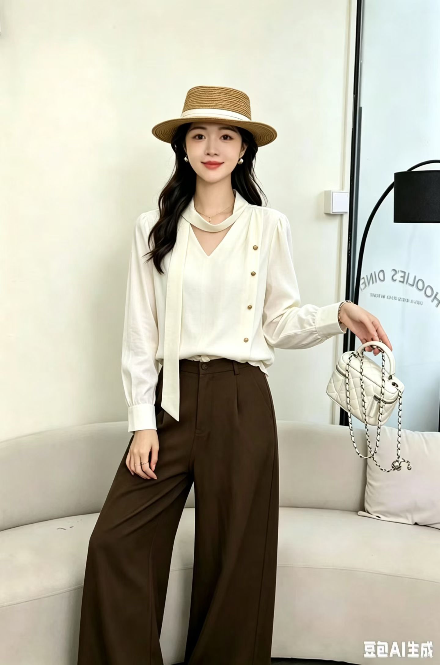 早秋纯色韩系丝滑长裤衬衫女宽松扣子飘带设计感职业OL时尚工件服