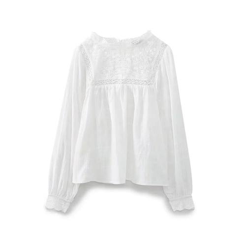 Willshela Women Fashion Embroidery White Hollow Out Blouse V