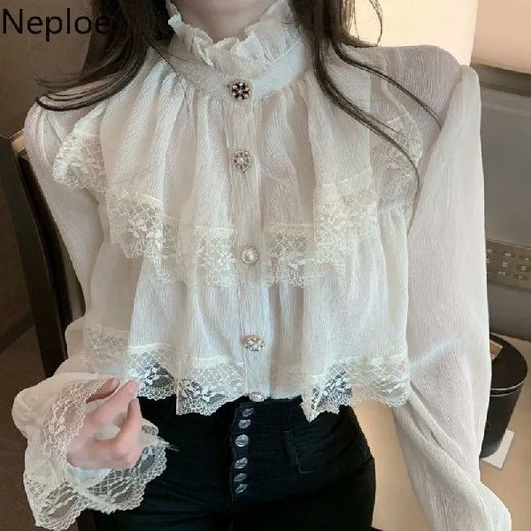 Fashion Korean White Blouse Women Blusas Stand Neck Chiffon