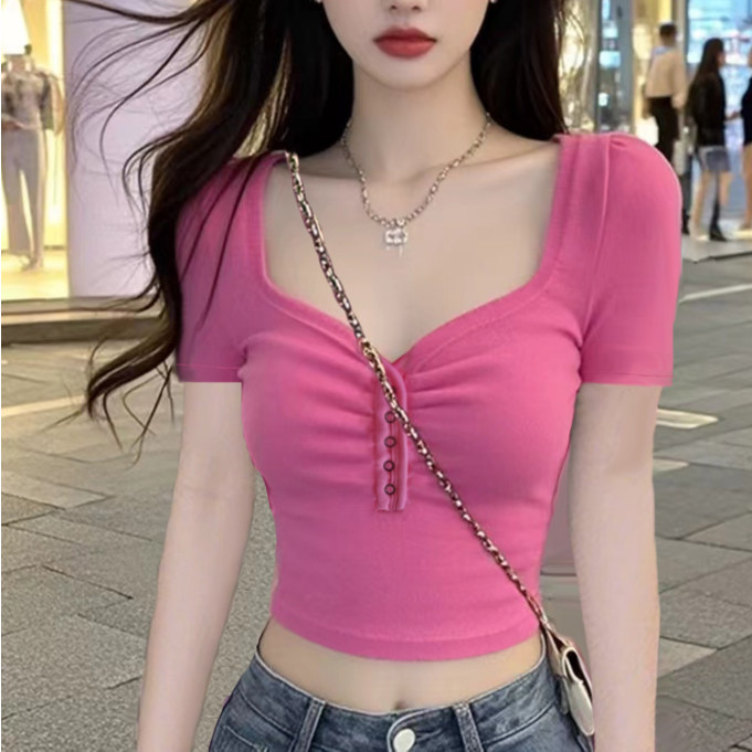 夏季新款方领粉色短袖上衣纯欲辣妹风短款小众设计感修身显瘦T恤,女装/女士精品,T恤,淘宝优惠券,粉丝福利购,淘宝优惠卷