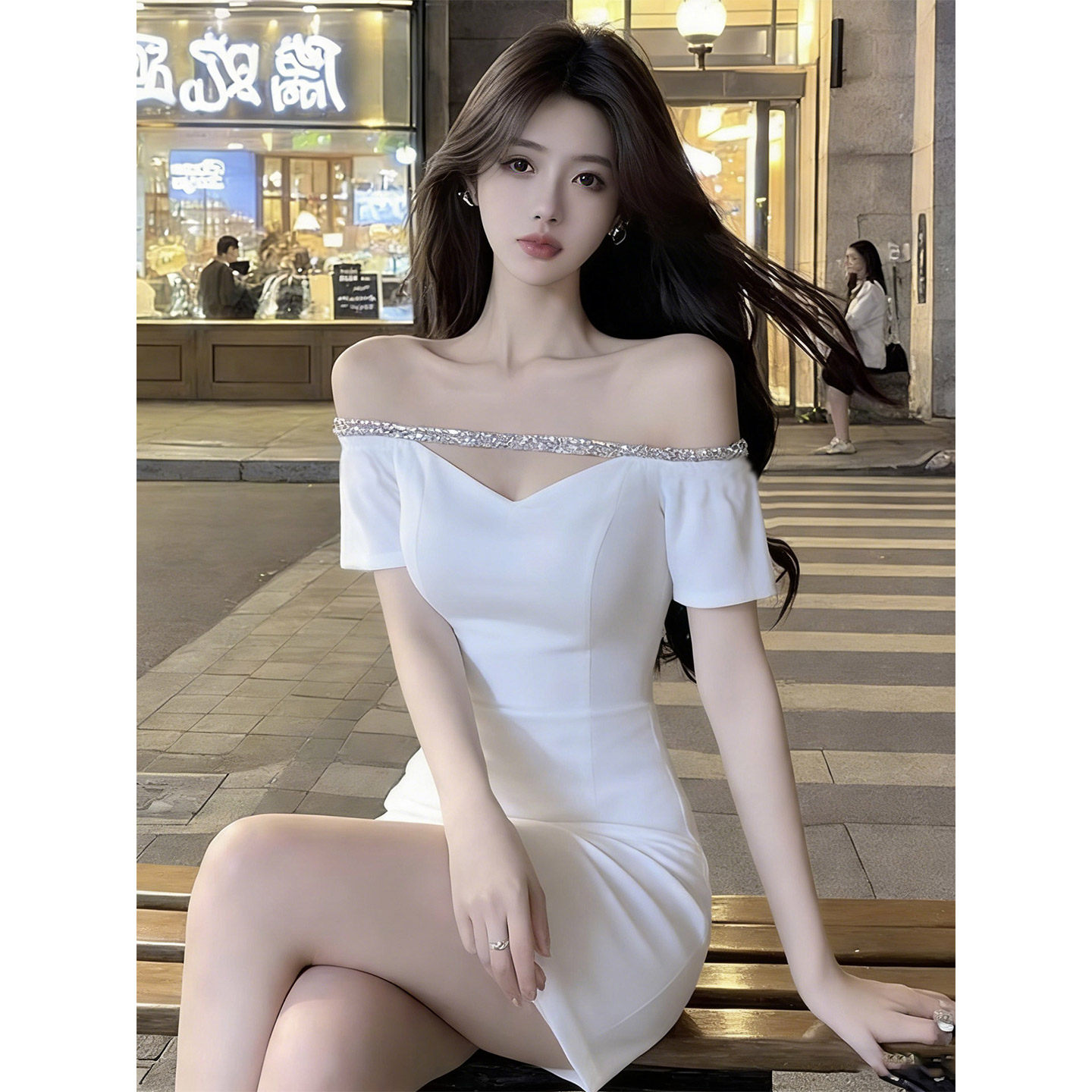 辣妹性感露肩短袖连衣裙女图片