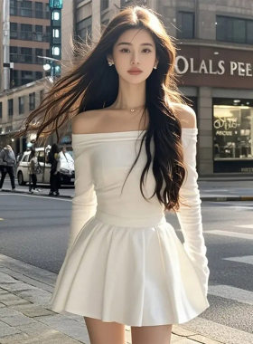 白色收腰气质蓬蓬连衣裙女