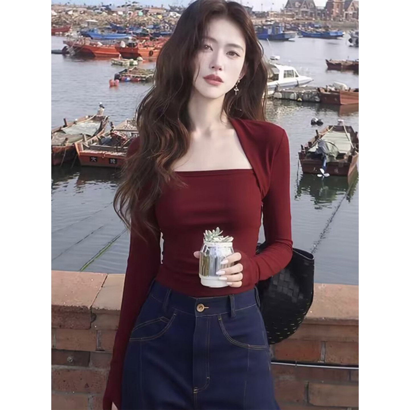 红色气质方领长袖上衣2026新款辣妹性感设计感休闲显瘦短款上衣,女装/女士精品,T恤,淘宝优惠券,粉丝福利购,淘宝优惠卷