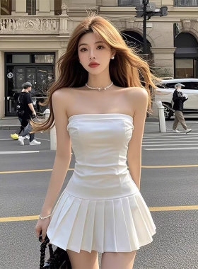 辣妹抹胸白色露肩连衣裙女