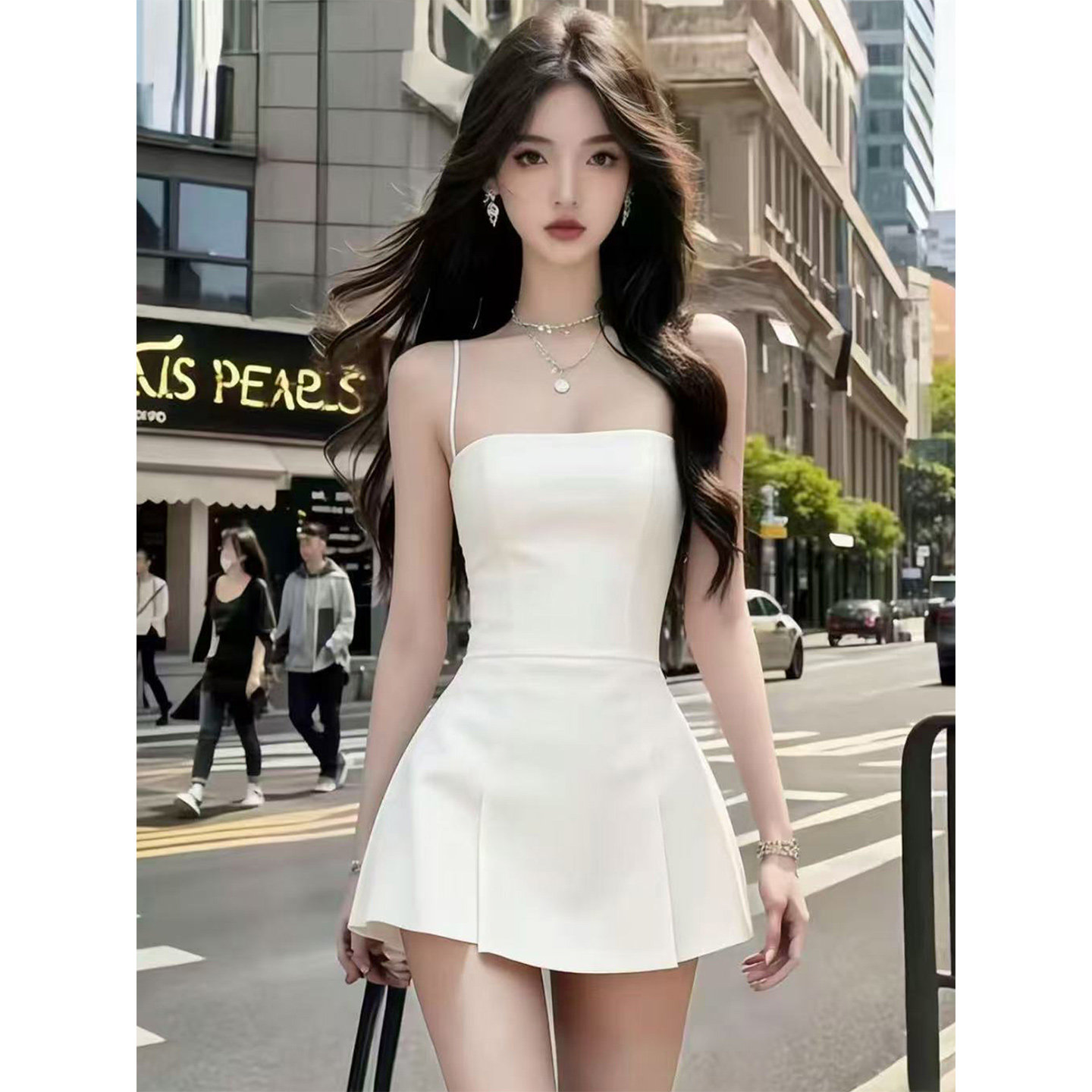 性感辣妹吊带抹胸白色连衣裙女图片