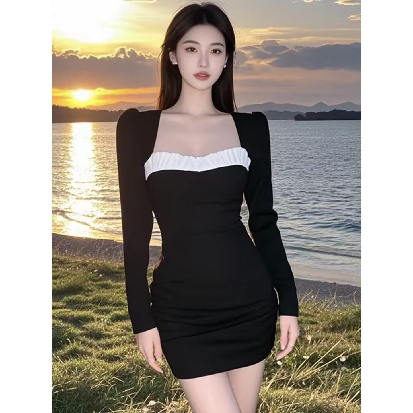 辣妹性感撞色长袖连衣裙女2026新款修身显瘦气质纯欲短款包臀裙子,女装/女士精品,连衣裙,淘宝优惠券,粉丝福利购,淘宝优惠卷