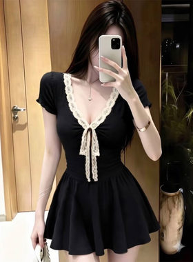 性感蕾丝花边绑带短袖连衣裙女