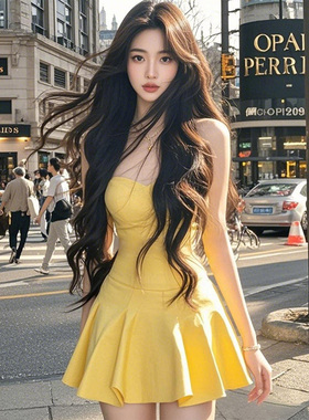 气质纯欲辣妹黄色连衣裙女2026夏季新款性感修身显瘦短款A字裙子