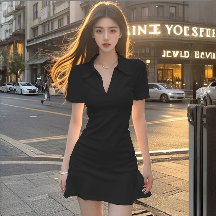 2025夏季新款polo领短袖连衣裙气质小黑裙性感风辣妹小众裙女