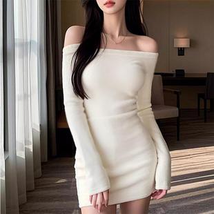 新款 连衣裙冬季 纯欲辣妹风收腰内搭包臀裙 白色露肩长袖 一字领韩式