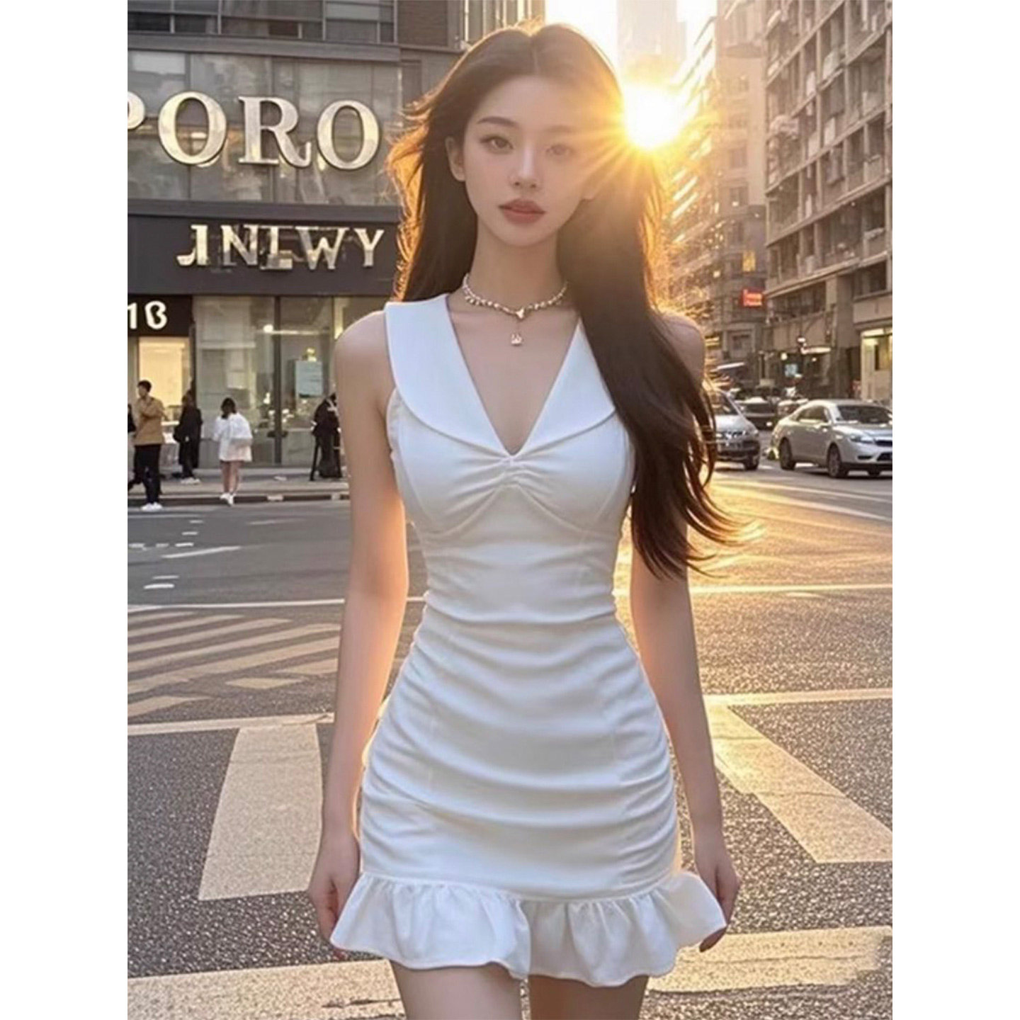 气质性感白色v领无袖连衣裙女图片