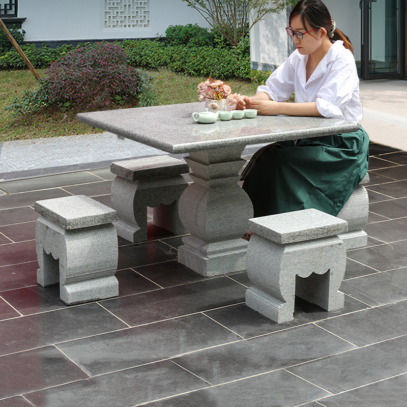 石桌石凳庭院花园天然长方形桌子