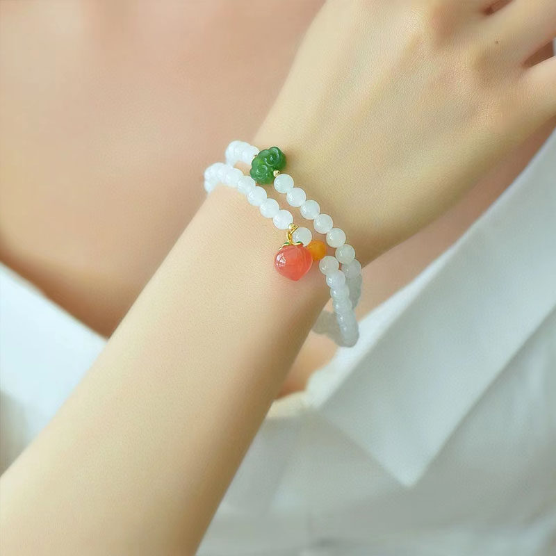 天然和田白玉盐源水蜜桃两圈女生清新手链女白色多圈碧玉祥云手串