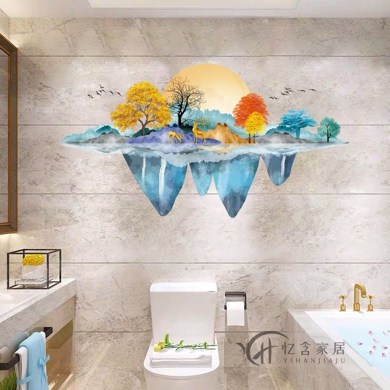 浴室瓷砖贴纸墙上遮丑贴画卫生间防水贴纸自粘补洞装饰贴山水墙贴,家居饰品,软装墙贴,淘宝优惠券,粉丝福利购,淘宝优惠卷