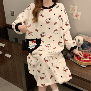 珊瑚绒睡衣女款带胸垫冬季睡裙加绒加厚保暖长款秋冬款家居服睡袍
