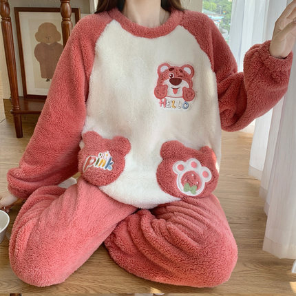 珊瑚绒睡衣带胸垫秋冬款女冬季2025新款加绒加厚冬天女家居服套装