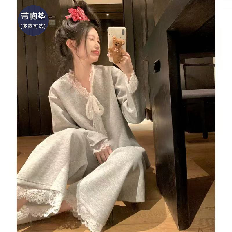 带胸垫睡衣女款春秋季2025新款长袖女士大码薄款可外穿家居服套装