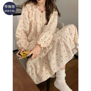 带胸垫睡裙女士睡衣春秋季秋款纯棉长袖长款连衣裙子夏款薄款套装