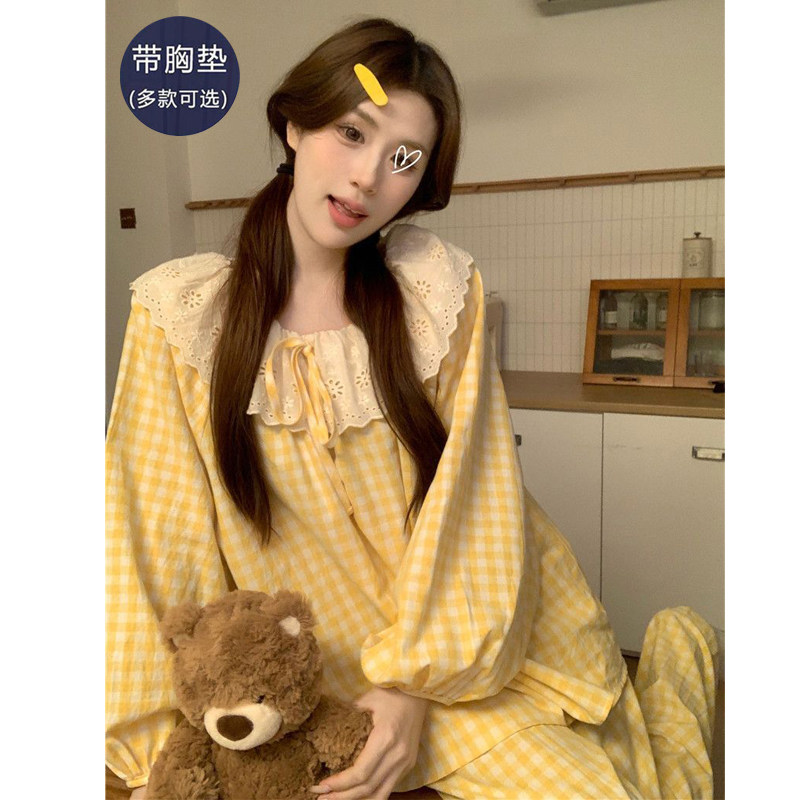 睡衣女春秋款带胸垫纯棉长袖2025年新款女款秋冬季薄款家居服套装