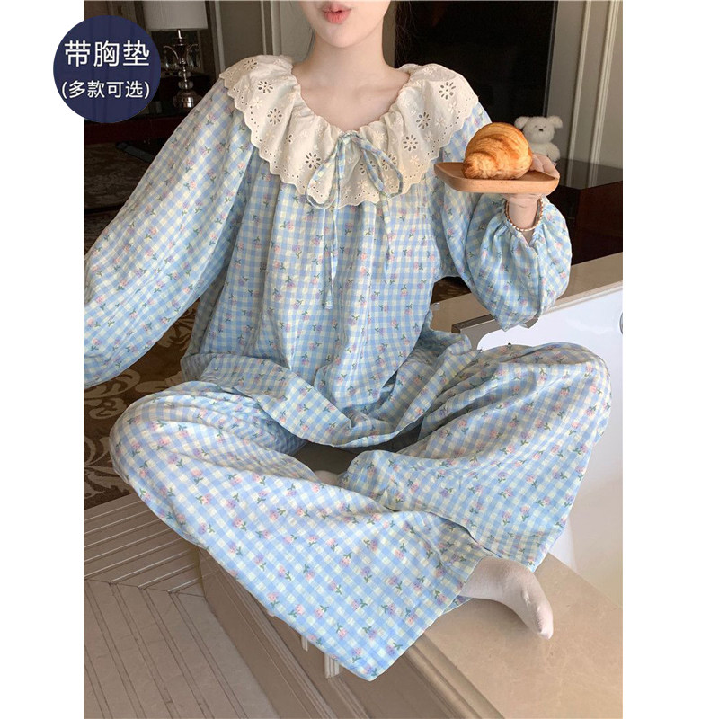 睡衣女款带胸垫春秋季2025新款长袖大码宽松可外穿家居服薄款套装