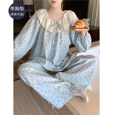 睡衣女款带胸垫春秋季2025新款长袖大码宽松可外穿家居服薄款套装