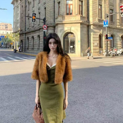 m1u*系棕色短款环保皮草上衣女冬季新款富家千金穿搭显瘦毛毛外套