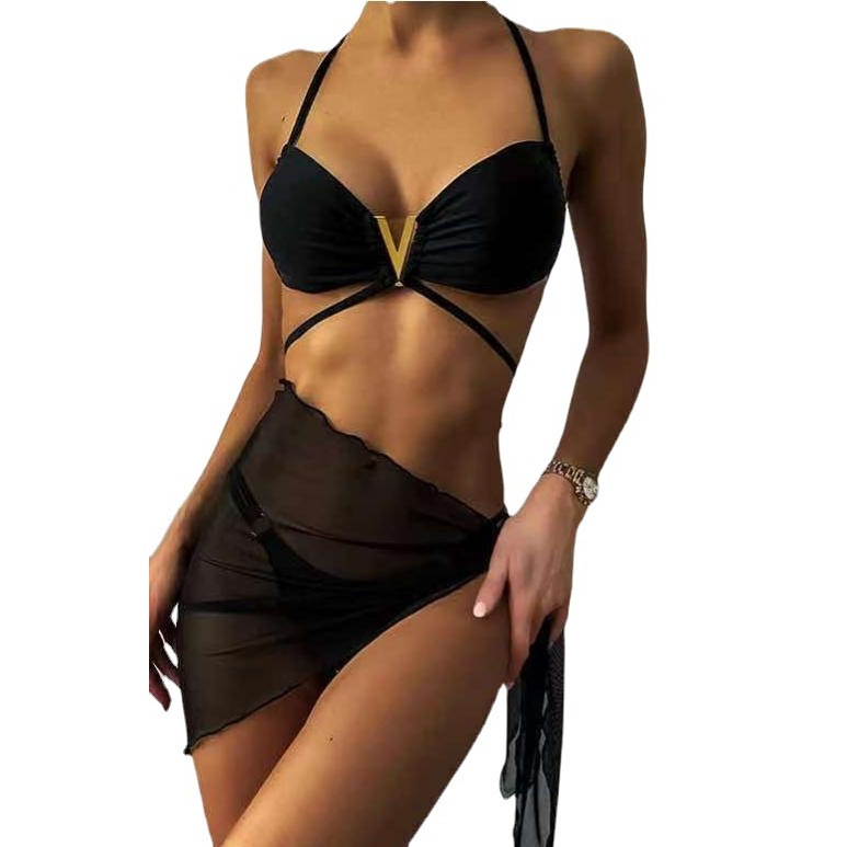 亚马逊比基尼三点式分体纱裙三件套性感黑色V露背低腰外贸女泳衣