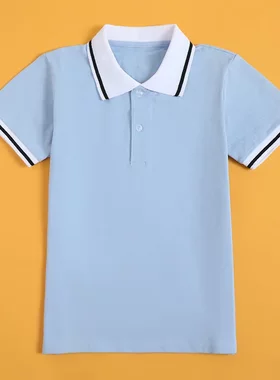 中小校服蓝色白领POLO衫短袖T恤男童女童学院园服班服半袖T恤