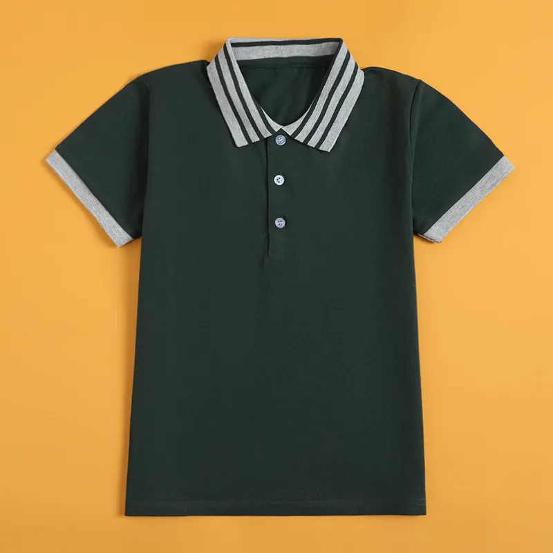 夏季儿童校服短袖T恤深绿色POLO衫三杠领男女童半袖班服上衣