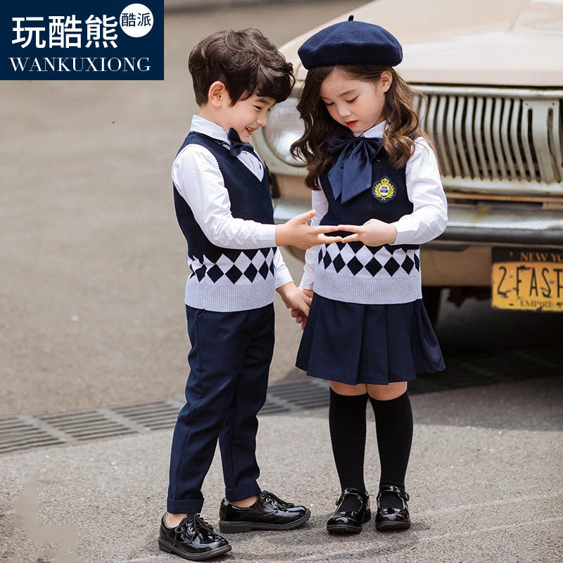 玩酷熊童装英伦风小校服童装新款针织衫套装幼儿园园服春秋装