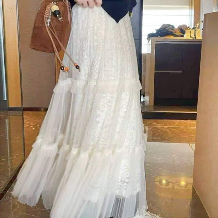 白色秋冬款蕾丝半身裙女三层加绒加厚网纱蛋糕裙2025新款长裙子