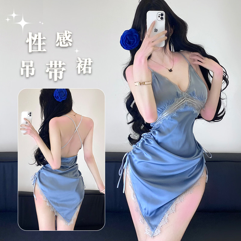 悠媚蝶性感睡衣女款夏季蕾丝吊带小胸抽绳春秋款两件套真丝睡裙