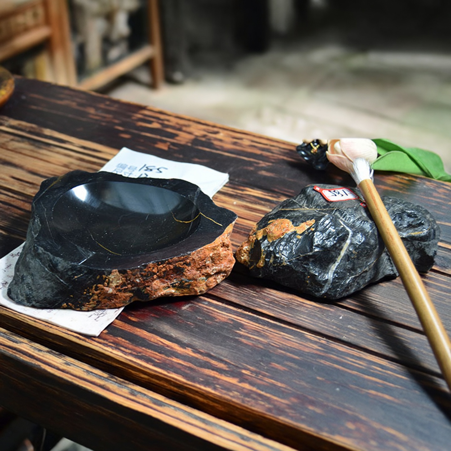 石函砚台天然原石可磨墨带盖墨汁