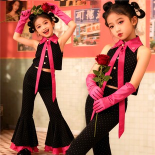 喇叭裤怀旧港风8090年代演出潮服黑色复古幼儿园女童丝绒走秀玫红