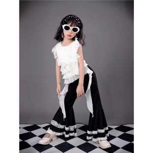 机车摇滚时尚8090女童风年演出服喇叭裤复古-个性港风潮服T台走秀