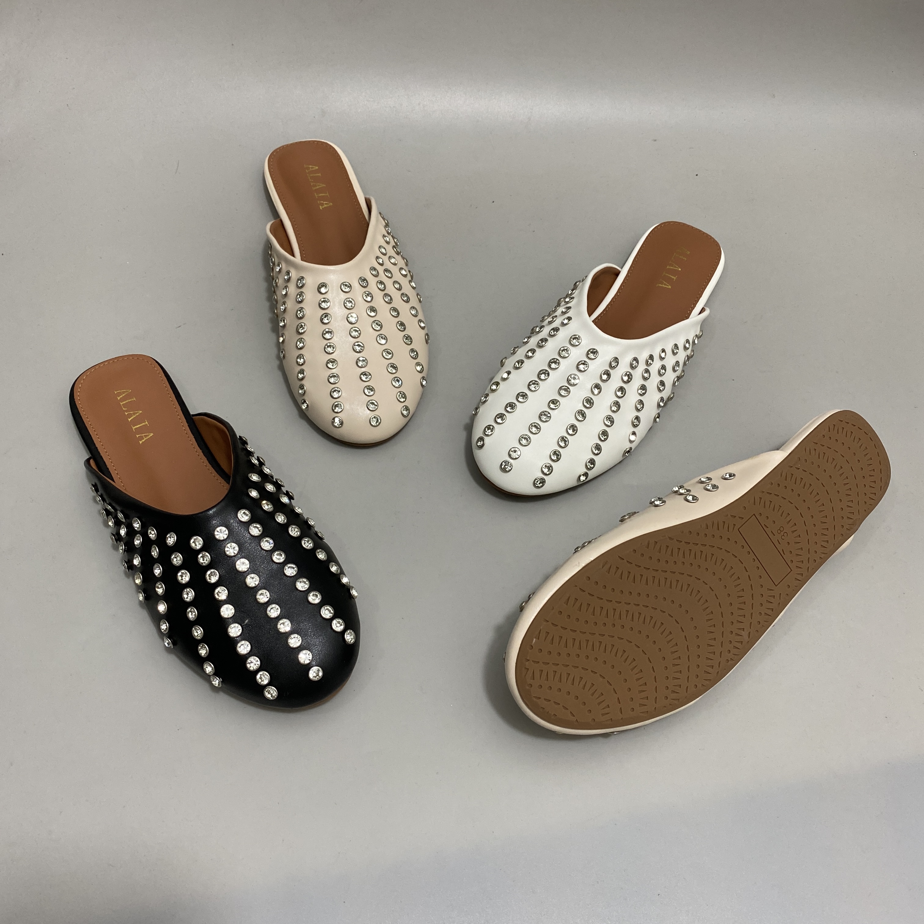 外贸原单2025夏新款时尚圆头平底半拖鞋气质百搭水钻时髦舒适女鞋