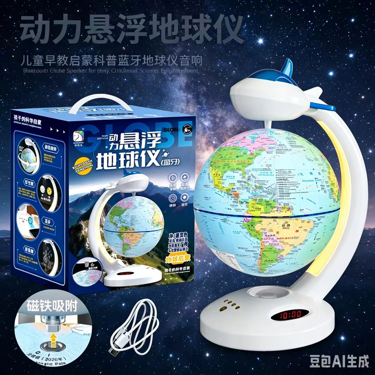 动力悬浮地球仪儿童地理课教具摆件双色温灯光蓝牙多功能科教玩具