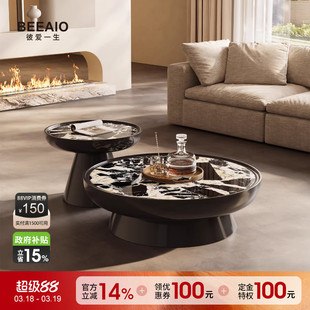 2026新天然奢石茶几客厅家用意式轻奢拿破仑黑圆形茶几大理石茶几
