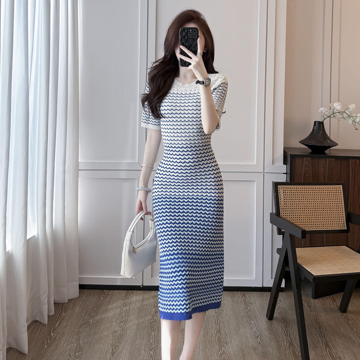 小香风针织连衣裙女中长款2026夏季气质修身显瘦镂空过膝包臀裙子