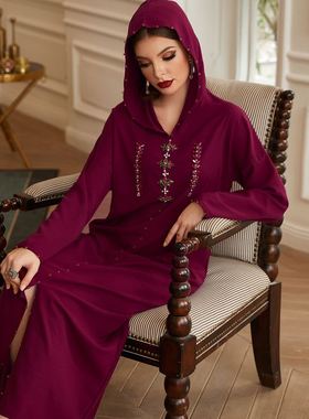 303暗红色长裙女装摩洛哥风格中东手缝玻璃钻长袍连帽回族连衣裙