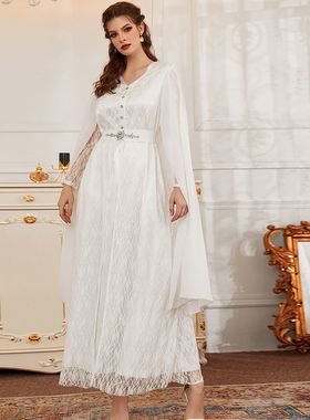 9017白色蕾丝手工缝钻长裙披风跨境外贸晚礼服Arab women's dress