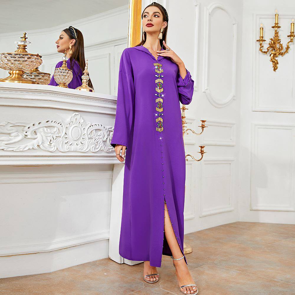 304深紫色手缝玻璃钻金色管连衣裙迪拜阿拉伯女人长袍hui skirt