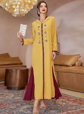 春秋新款黄色下摆拼接暗红网纱连衣裙中东外贸迪拜沙特女装长袍子
